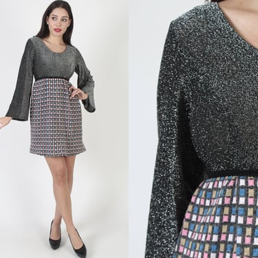 60s Silver Metallic Bell Sleeve Micro Mini Dress, Vintage Mod Plaid Fuzy Skirt, Disco Dancing Cocktail Party Outfit 
