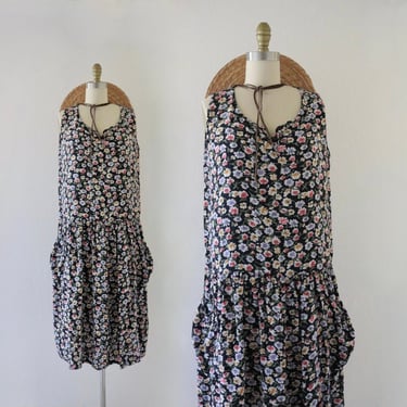 drop waist dress with large pockets - s - vintage 80s 90s cute floral black cottage cottagecore sleeveless summer soft rayon sun long 