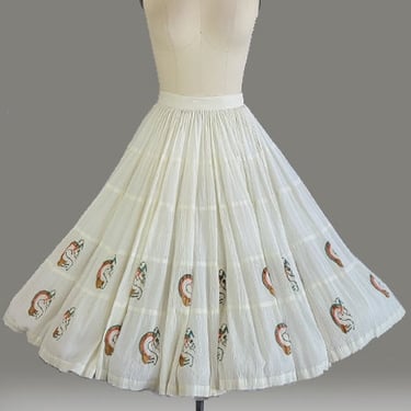 1950s Kokopelli Skirt / 1950s Hand Printed Skirt / Nizonih Studios Skirt / 1950s Fiesta Skirt / White Cotton Full Skirt / Size Medium 