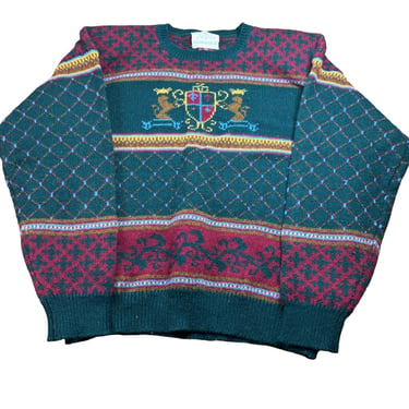 Vintage Susan Bristol Hunter Green Burgundy Royal Wool Sweater, Size 40 