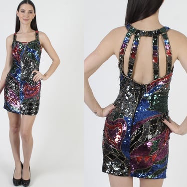 New Years Eve Party Dress, Black Sequin Mini, Beaded Open Back, Womens Short Cocktail Attire 