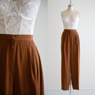 high waisted pants 80s vintage silky brown dark academia wide leg trousers 