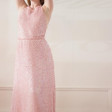 1970s Pastel Pink Sequined Halter Gown 