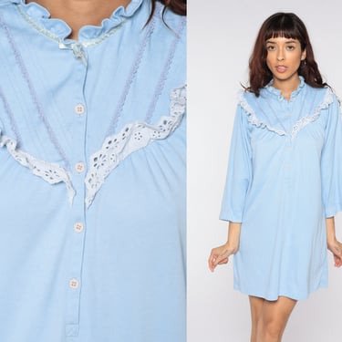 Ruffled Pajama Dress Baby Blue Nightgown Pastel Y2K Long Sleeve Mini Nightgown Bib Button Up Nightgown Nightie Vintage 00s Button Up Medium 