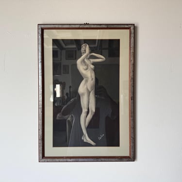 1970's Vintage Nude Standing Woman Portrait – Pastel Drawing on Paper, Framed 