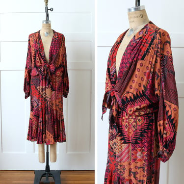 vintage 1990s abstract SW print dress • stylized open front boho Barbara Barbara rayon dress 