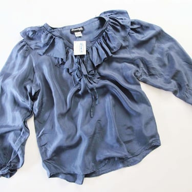 Vintage Silk Ruffle Blouse Large Deadstock - Stormy Blue Gray Romantic Pirate Long Sleeve Top 