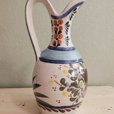 Vintage Tonala Tall Hand Painted Floral Pottery Pitcher Carafe Vase Decanter Made in Mexico Signed Jalisco Pottery 