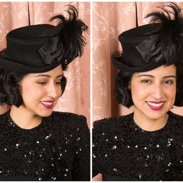 1940s Hat - Bold Vintage 40s Victorian Revival Top Hat New York Creation Sculpted Tilt with Feather Spray and Satin Ribbon 