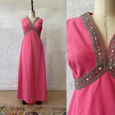 Vintage 1960s bright pink polyester maxi dress, 60s fashion, jeweled hostess gown, medium, empire waist formal, bridgerton, 29 