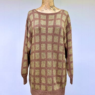 Vintage 1980s Glam Pullover Sweater, 80s Brown and Gold Metallic Tunic, Slouchy Oversized New Wave Nannell Knit, Medium 44" Bust 