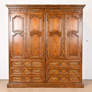 Baker Furniture French Provincial Louis XV Carved Oak Double Armoire Dresser or Linen Press, Circa 1960s