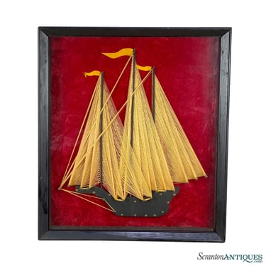 Mid-Century Nautical Galleon Sailboat Ship String Art Shadowbox Wall Hanging