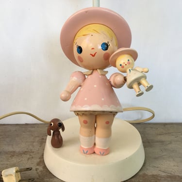 60's Kitsch Girl In Pink With Dachshund Lamp, Possibly Irmi Light?, Fred Bering, Child's Nursery 