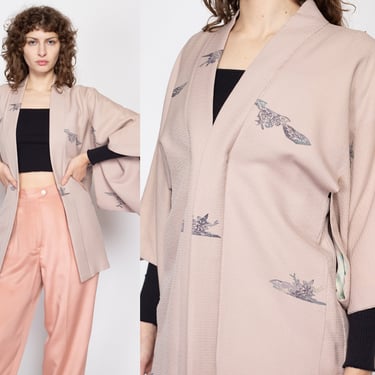 Sm-Med Vintage Japanese Bonsai Print Silk Haori Kimono | Boho Leaf Print Asian Jacket Mini Robe 