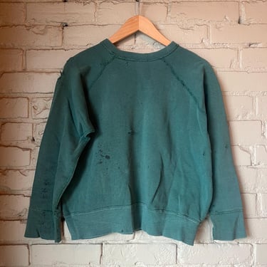 Sm Med, Vintage 1950s Green Cotton Sweatshirt, Thrashed Repaired Stained 