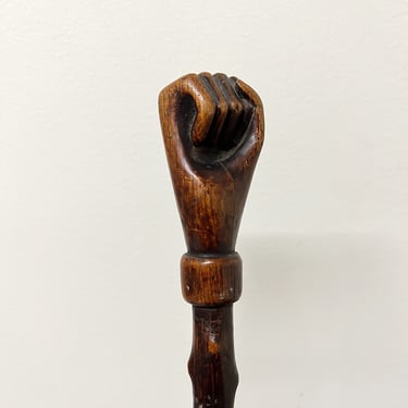 Antique Folk Art Walking Cane of Clenched Fist with Blackthorn Shaft - Unusual Turn of the Century Wood Carving - American Folk Artists 