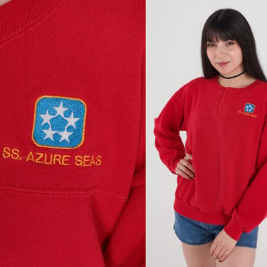 Red Henley Sweatshirt 80s SS Azure Seas Cruise Ship Sweater Sailing Quarter Button Up Long Sleeve Vintage 1980s Velva Sheen Medium Large 