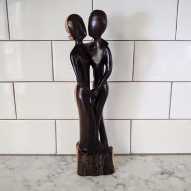 Vintage Two-Toned Wood Carving of Couple Man and Woman Figurine Home Décor Home Accent 