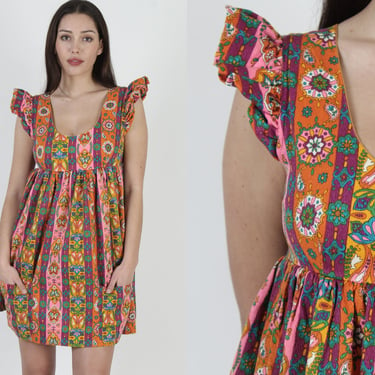 70s Psychedelic Pinafore Dress, Neon Floral Rustic Country Style, Cute High Waisted Mini Frock With Pockets 