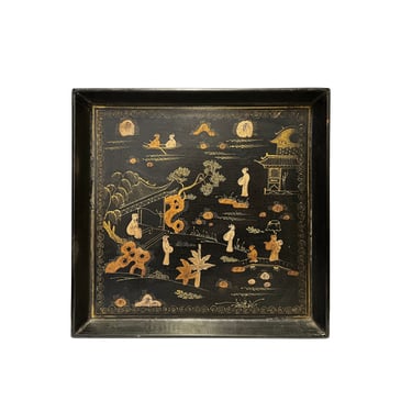 Chinoiseries Golden Graphic Black Lacquer Square Display Disc Plate Tray ws2750E 