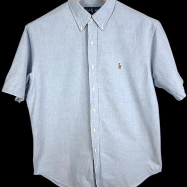 Vintage 1980s/1990s Polo Ralph Lauren Short-Sleeve Oxford Cloth Button-Down Shirt ~ L ~ Classic Fit ~ 100% Cotton ~ OCBD ~ Blue 