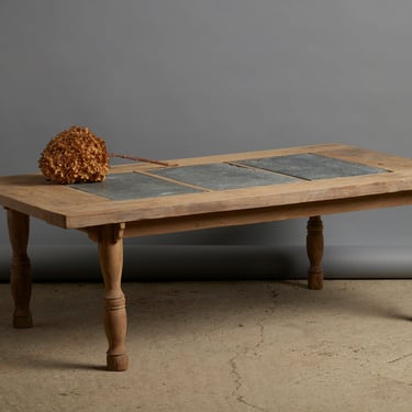 Teak Coffee Table with Three 17th Century Belgian Bluestone Panels