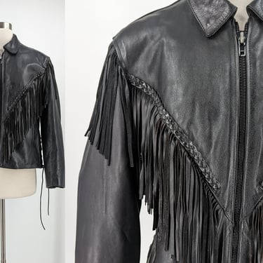 Vintage 80s Unik Women's Black Leather Fringe Zip Up Motorcycle Jacket - Eighties Fringed Braided Leather Jacket Small/Medium 