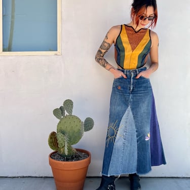 Levi's Denim Maxi Skirt / Orange Tab Levi's Jean Skirt / Vintage Levi's Skirt / Embroidered Skirt / Festival Skirt / Dark Wash Denim Skirt 