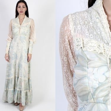 70s Gunne Sax Dress Size 13, Delicate Floral Watercolor Print, Lace Up Corset Tie Bodice, Romantic Renaissance Garden Maxi Dress 