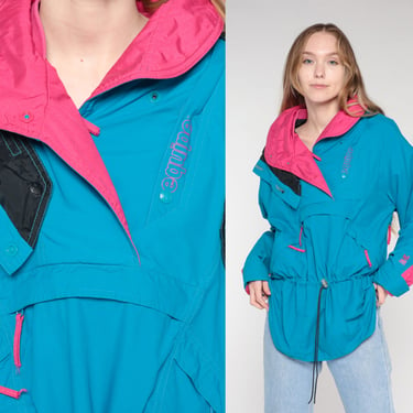 Hooded Ski Jacket 80s Blue Pink Pullover Turquoise Windbreaker Insulated Parka Hoodie Retro Skiwear Hood Sporty Neon Vintage 1980s Medium M 