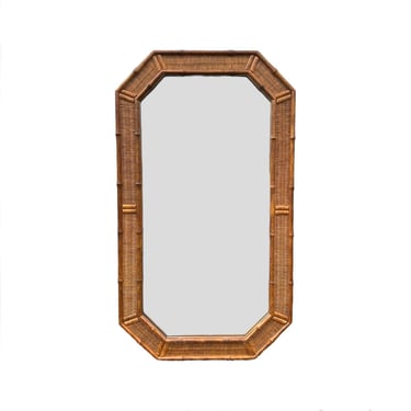Vintage Rattan Mirror 51x29 LOCAL PICKUP Octagon Faux Bamboo Wood Boho Chic Coastal Natural Wicker Hollywood Regency Style 
