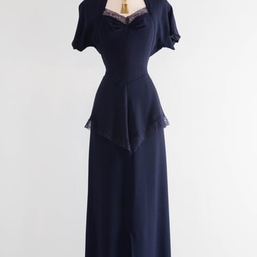 Elegant 1940's Midnight Navy Evening Gown With Lace Trim & Dramatic Back / Small