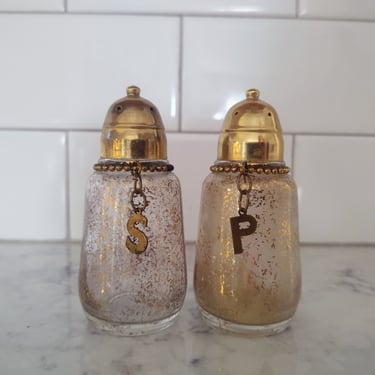 Vintage Hazel Atlas Gold Glitter Salt & Pepper Shaker Set Rare with S and P Charms 