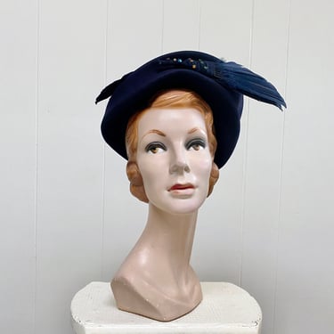 Vintage 1940s 1950s Navy Wool Hat w/Multi-colored Rhinestones and Feathers, One Size Fits All, VFG 