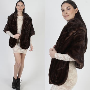 Vintage Brown Mahogany Mink Stole, Real 60s Dark Fur Wrap, Wedding Ceremony Shrug With Pockets 