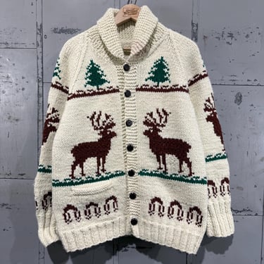 Vintage 50s Reindeer cowichan Knit sweater trees button up chunky heavy 