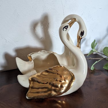 Vintage Ceramic 22 KT Gold Double Swans Planter Nor-So 