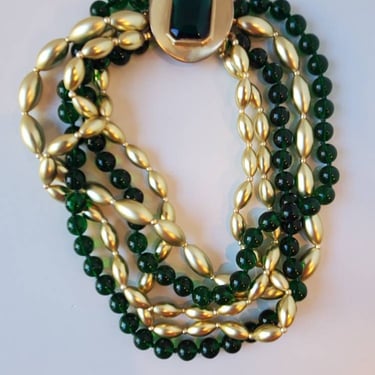 Les Bernard Inc. vintage designer necklace gold and emerald green multi strand choker 