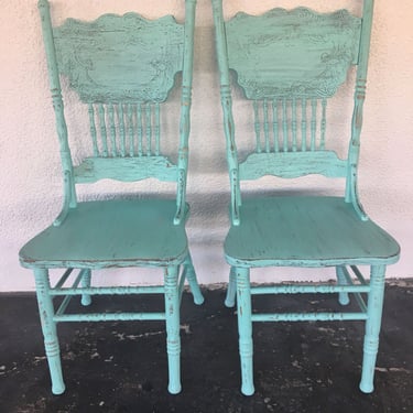 Vintage wood rustic dining chairs set 2 turquoise color cottage dining set wood chairs Custom colors 