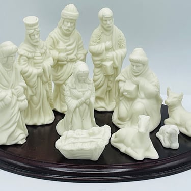 11 Piece Vintage Nativity Set - White Bisque Porcelain - with Wood Stand 