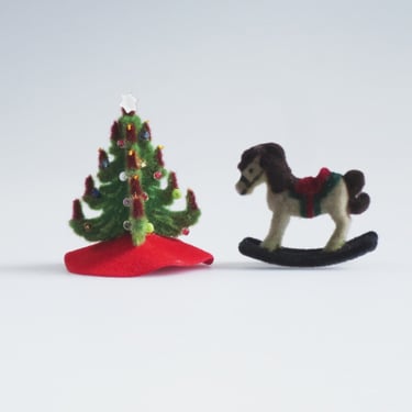 Miniature Flocked Tree and Rocking Horse, 2 Tiny 1:12 Dollhouse Mini Holiday Decorations 