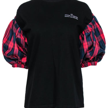 Rokh - Black Logo Graphic T-Shirt w/ Detachable Plaid Puff Sleeves Sz M
