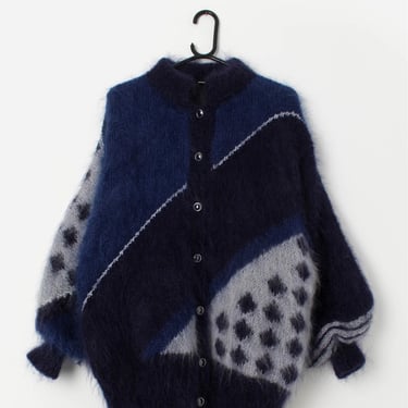 80s vintage fluffy blue mohair cardigan, made in England - Large 