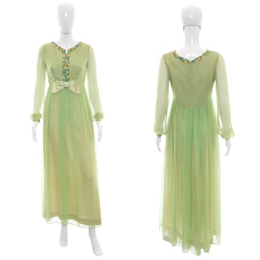 1960's Light Green Embroidered Chiffon Gown Size S/M