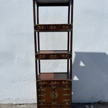 Antique Korean Bookcase Shelving Unit Asian Pagoda Chinoiserie Boho Chic Ming Chest Etagere Display Case Console Storage Brass Shelves 