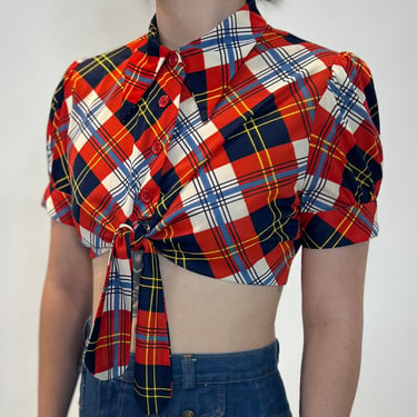 70s Red, White, and Blue Plaid Polyester Crop Top