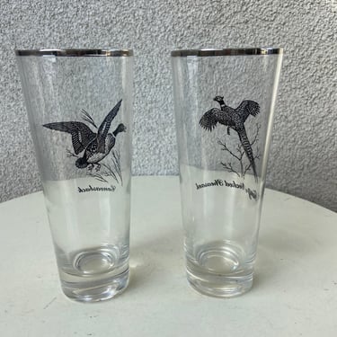 Vintage Federal Glass Co tall Pilsner clear silver glasses Birds set 2 holds 10 oz 