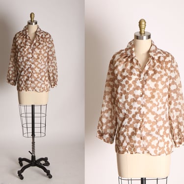 Late 1950s Early 1960s Tan and White Scattered Polka Dot Long Sleeve Nylon Blouse -XL 