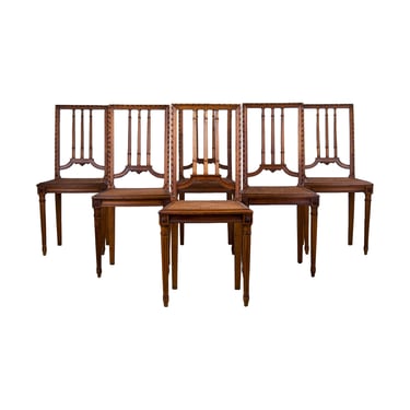 Antique French Louis XVI Style Oak Dining Chairs W/ Cane Seats - Set of 6 